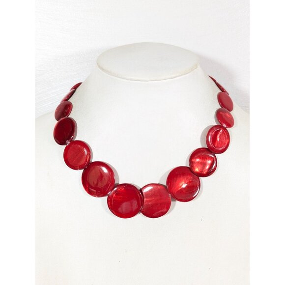 Charming Charlie Red Shell Disc Necklace Statement Beachy Boho 19" - Picture 1 of 9